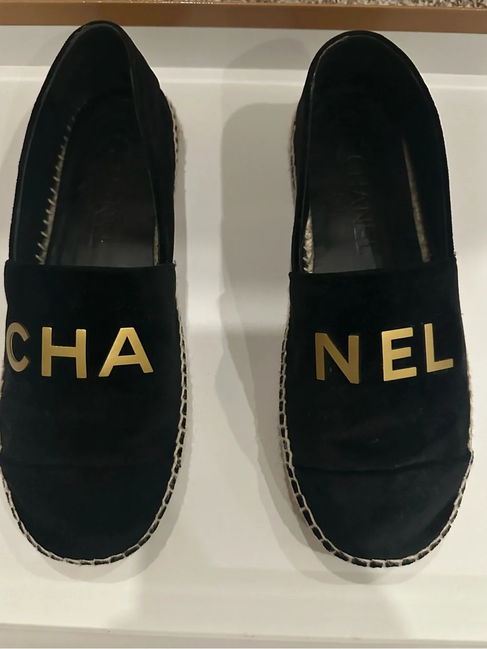 CHANEL Black Suede Espadrilles with Gold Logo; Size 38